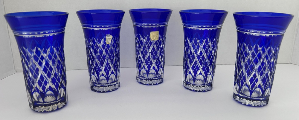 Set 5 Crystal Glass Edo Kiriko Hand-Cut Blue Byron Craft 4" Sake Glasses Japan
